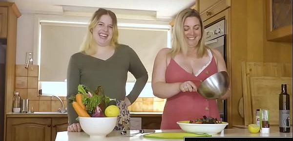  Curvy hairy lesbian and busty plumper fuck in the kitchen